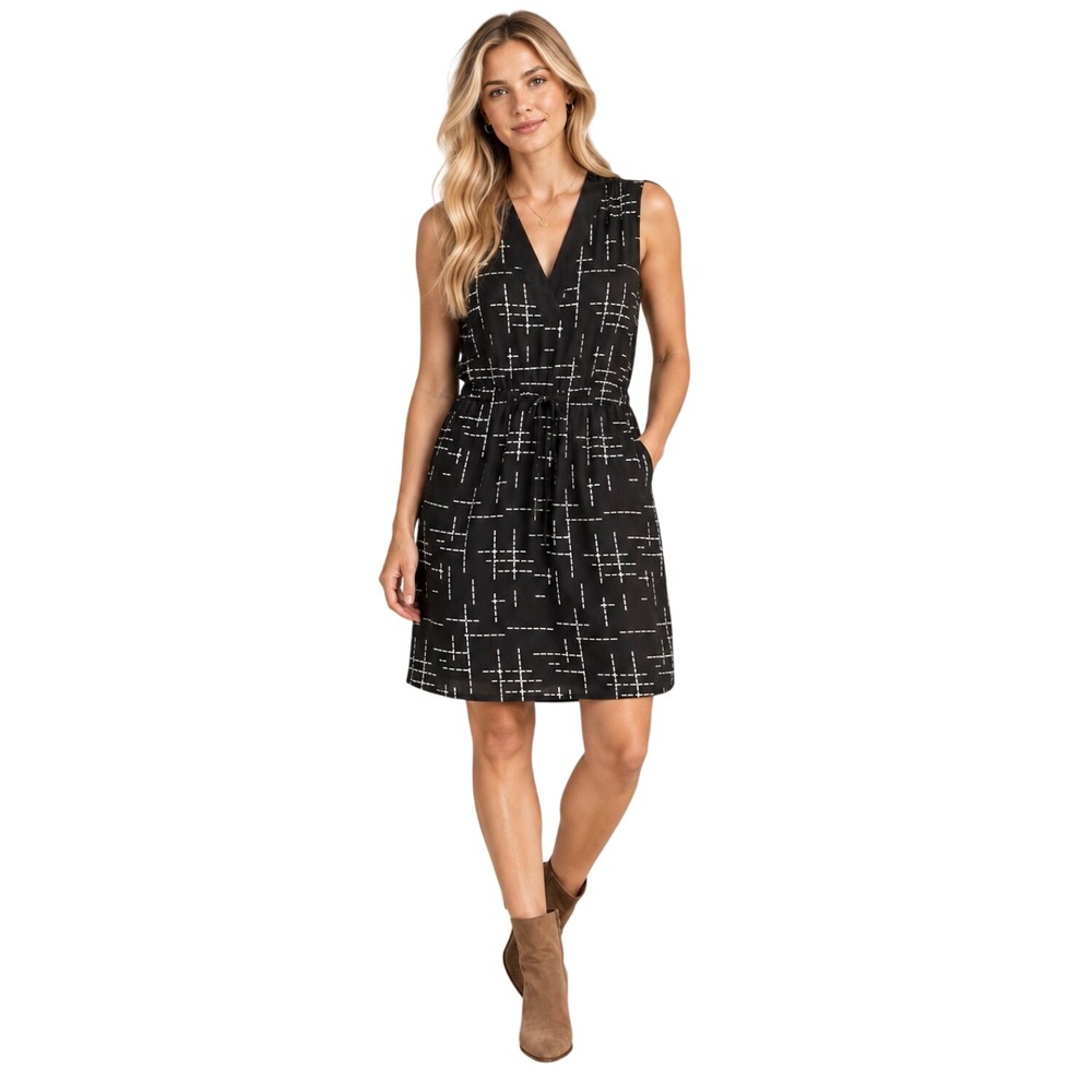 Pendleton Petite L Black White Dash Grid 100% Silk V-Neck Sleeveless Dress